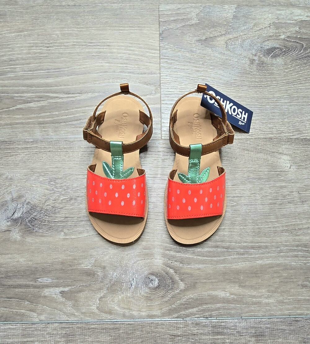 OshKosh Girls Sandals Strawberry Red Polka Dot T-Strap Summer Shoes Size 12